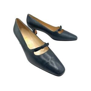 Salvatore Ferragamo Blue Leather Mary Jane Kitten Heels Bow Detail Vintage Pumps
